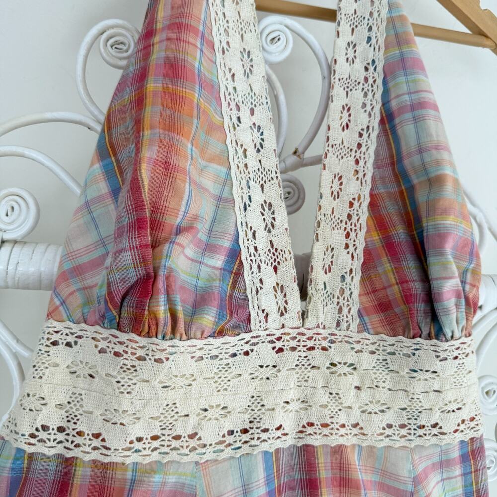 Vintage Cottagecore Dress Large Plaid Halter Crochet Milkmaid Boho Prairie Y2K - Picture 8 of 14